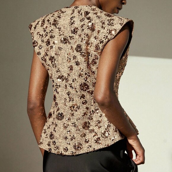 Khaki Women's Elegant Tweed Vest with bronze Sequin Embroidery Design - Picture 2 of 7